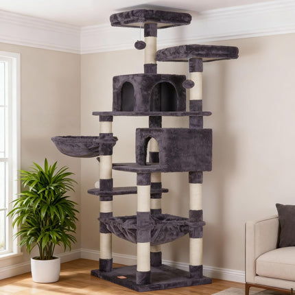 Heybly Cat Tree with Toy,70 inches Cat Tower condo for Indoor Cats, Cat House with Padded Plush Perch, Cozy Hammock and Sisal Scratching Posts, Smoky Gray HCT032G