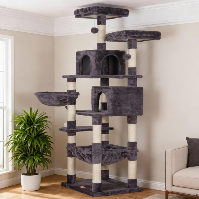 Heybly Cat Tree with Toy,70 inches Cat Tower condo for Indoor Cats, Cat House with Padded Plush Perch, Cozy Hammock and Sisal Scratching Posts, Smoky Gray HCT032G