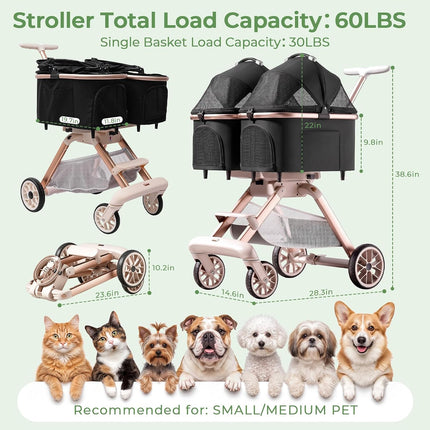 Double Pet Stroller with Detachable Carriers,Ideal for 2 Dogs or Cats,Small/Medium Pets,Black