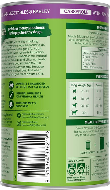 Nature's Gift Adult Wet Dog Food in Can, Casserole with Lamb, Vegetables & Barley 12x700g - Wholesome Mealtime in a Convenient Can, Natural Ingredients with Added Nutrients for Everyday Health