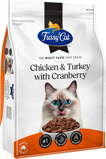 Fussy Cat Grain Free Adult Dry Cat Food, Chicken & Turkey with Cranberry 10Kg - Australian Made