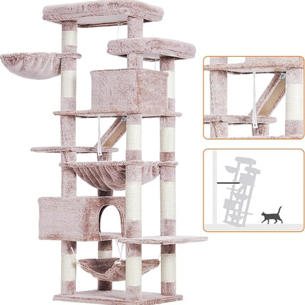 Heybly Cat Tree, 180cm Tall Tower for Indoor Cats with 2 Perches, 2 Big Condos, 2 Hammocks, Basket, Mushroom
