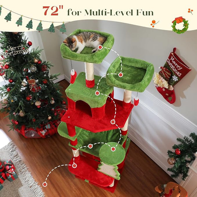 PAWZ Road Christmas Cat Tree, 72" with Big Condo, Hammock & Xmas Scratcher