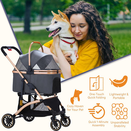 Pet Stroller for Small Dogs Cats, 6 Shock Absorption System | One Touch Folding