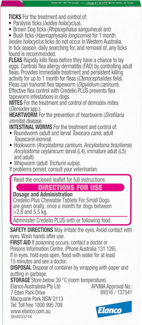 Credelio Plus Dog Flea and Tick Treatment, Single Pack, Ticks, Fleas, Mites, Chewable Tablet for Dogs > 2.8-5.5 kg, 1 Pack