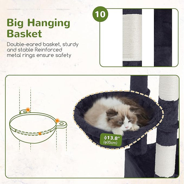Gitelsnour Sturdy Cat Tree with 3 Large Cat Condos, 3 Platfroms, 71.7'' ,Drak Gray GCT036G