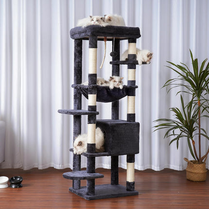 Heybly HCT050G Cat Scratching Post with Blankets for Large Cat Tree Large Platforms Cave 50 x 50 x 153cm Smoke Grey