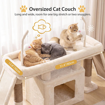 Heybly Cat Tree Extra-Long & Stable 2 Adjustable Scratch Boards,Beige