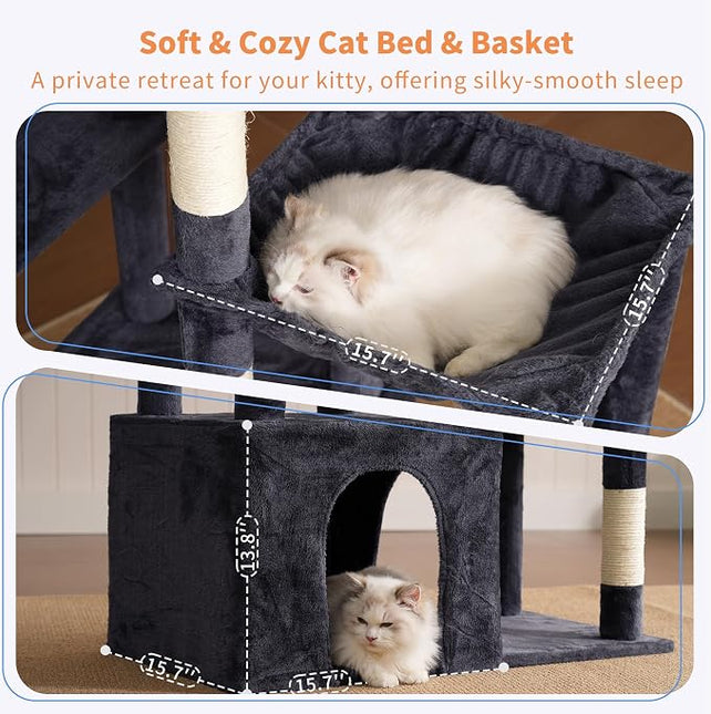Heybly Heavy Duty Cat Tree, Tower for Indoor Cats Large Adult, Tall Cat Condo House with Extra-Large Baseboard,Smoky Gray HCT026G