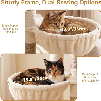 Heybly 173cm Cat Tower for Large Indoor Cats with 2 Condos, 2 Hammocks, 10 Sisal Scratching Posts,Beige HCT059MJ