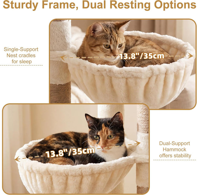 Heybly 173cm Cat Tower for Large Indoor Cats with 2 Condos, 2 Hammocks, 10 Sisal Scratching Posts,Beige HCT059MJ