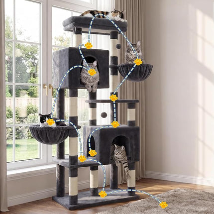 Heybly 173cm Heavy Duty Cat Tower for Large Indoor Cats with 2 Condos, 2 Hammocks, 10 Sisal Scratching Posts, Smoky Gray HCT059G