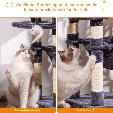 Heybly Cat Tree with Toy,70 inches Cat Tower condo for Indoor Cats, Cat House with Padded Plush Perch, Cozy Hammock and Sisal Scratching Posts, Smoky Gray HCT032G