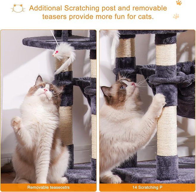 Heybly Cat Tree with Toy,70 inches Cat Tower condo for Indoor Cats, Cat House with Padded Plush Perch, Cozy Hammock and Sisal Scratching Posts, Smoky Gray HCT032G
