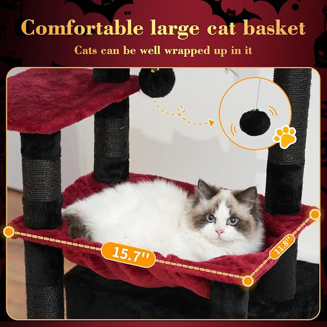 Heybly Cat Tree, Kitten Tower with Large Soft Cat Basket , Black and Red