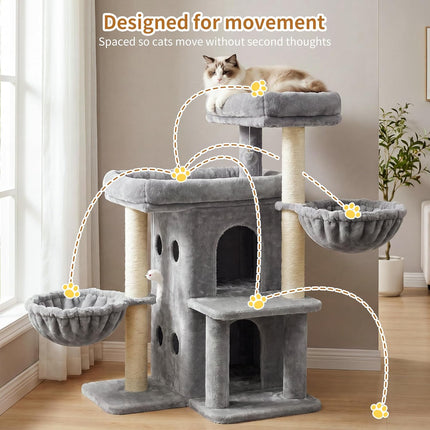 Heybly Cat Tree with Reinforced Big Base, 105cm Sturdy Cat Tower for Indoor Cats, Light Gray