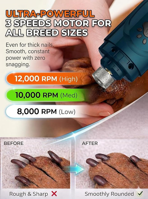 YABIFE Super Quiet Dog Nail Grinder & Clippers Kit with 2 LED Lights, 3 Speeds Up to 12,000 RPM