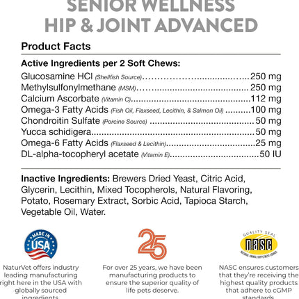 NaturVet Senior Dog Wellness Hip & Joint Advanced Plus - 120 Soft Chews