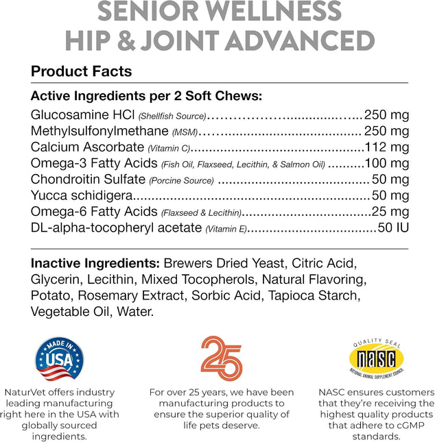 NaturVet Senior Dog Wellness Hip & Joint Advanced Plus - 120 Soft Chews