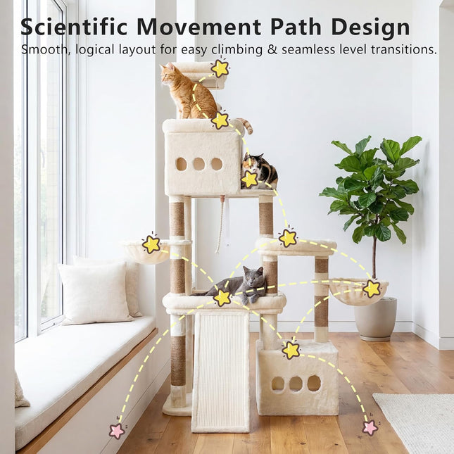 Heybly Cat Tree, 184 cm Anti-Tip Cat Tower for Large Cats, All-in-One,Beige
