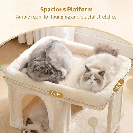 Heybly Cat Tree, 14" Cat Tower with Large Cat Bed & Condo HCT203SM | Cat Furniture for Indoor Cats Large Adult and Kittens, Beige