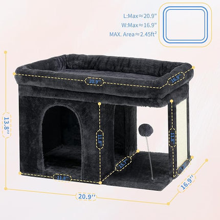2+ Heybly Cat Tree, 14 inch Cat Tower with Large Perch Bed and Cat Condo for Indoor Cats Large Adult, Cat House with Scratching Posts and Interactive Spring Balls for Your Kittens, Smoky Gray