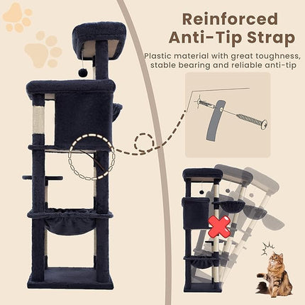 Heybly Cat Tree, 56" Multi-Level Easy Climb Tower for Large Cats HCT028G | Cat Furniture with 2 Perches, Cozy Hammock, Spacious Condo & Cat Basket, Durable Sisal Scratching Posts, Smoky Gray