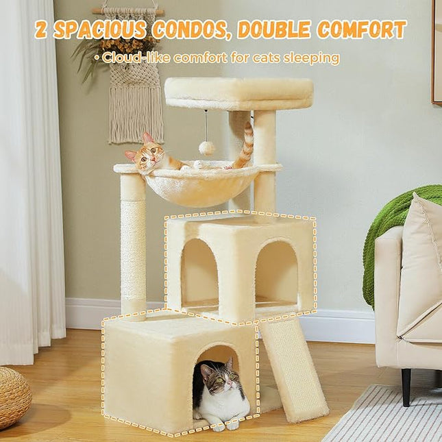 PAWZ Road Cat Tree for Indoor Cats,104cm Cat Tower with 2 Spacious Condos, Multi-Level Cat Condo House ,Beige