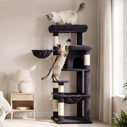 Heybly Cat Tree, 56" Multi-Level Easy Climb Tower for Large Cats HCT028G | Cat Furniture with 2 Perches, Cozy Hammock, Spacious Condo & Cat Basket, Durable Sisal Scratching Posts, Smoky Gray
