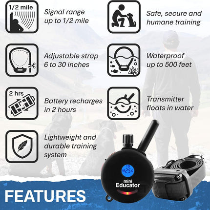 Educator ET-300 Black Mini E Collar for Dog Training with Remote - 1/2 Mile Range, Waterproof, 100 Blunt Stimulation Levels, Tone or Vibration Mode, Night Light Tracking for Small, Medium & Large Dogs