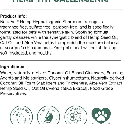 NaturVet Hemp Hypoallergenic Shampoo with Oat and Aloe for Dogs - 16oz