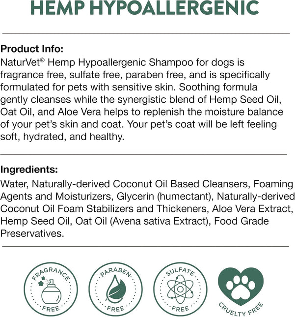 NaturVet Hemp Hypoallergenic Shampoo with Oat and Aloe for Dogs - 16oz