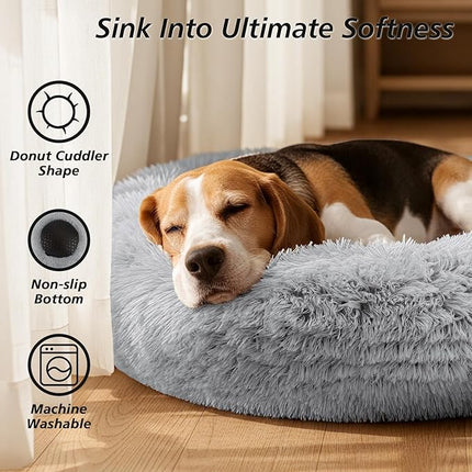 Calming Dog Bed for Dog & Cat - Donut Washable Puppy Bed with Ultra-Plush Support, Fluffy Faux Fur Plush Cushion Beds for Small Medium Dogs (70CM)