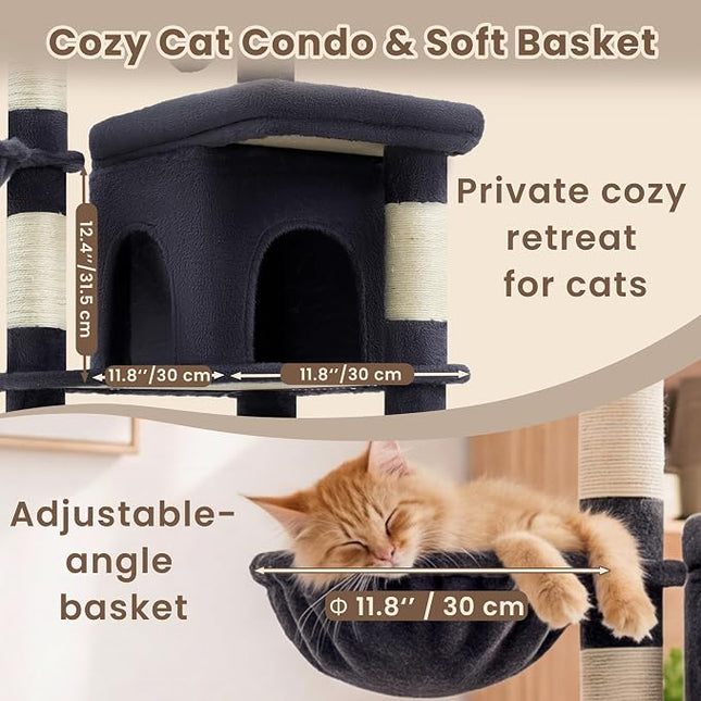 Heybly Cat Tree, 56" Multi-Level Easy Climb Tower for Large Cats HCT028G | Cat Furniture with 2 Perches, Cozy Hammock, Spacious Condo & Cat Basket, Durable Sisal Scratching Posts, Smoky Gray