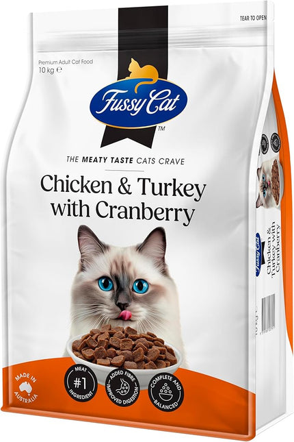 Fussy Cat Grain Free Adult Dry Cat Food, Chicken & Turkey with Cranberry 10Kg - Australian Made