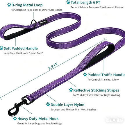JEWOSTER Heavy Duty Dog Leash - 2 Handles by Padded Traffic Handle for Extra Control, 6foot Long - Perfect for Medium to Large Dogs (Purple, 6 ft)