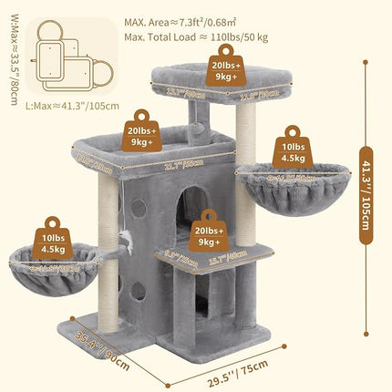 Heybly Cat Tree with Reinforced Big Base, 105cm Sturdy Cat Tower for Indoor Cats, Light Gray