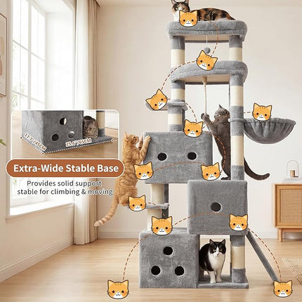 Heybly Cat Tree, 188cm Streamlined Cat Tower for Large Cats with 3-Tier,Light Gray