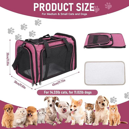 Large Cat Carrier Airline Approved, Soft-Sided Pet Travel Bag with Breathable Mesh, Foldable Dog Carrier for Cats and Small Dogs, Grey, 45x30x30cm (Pink)