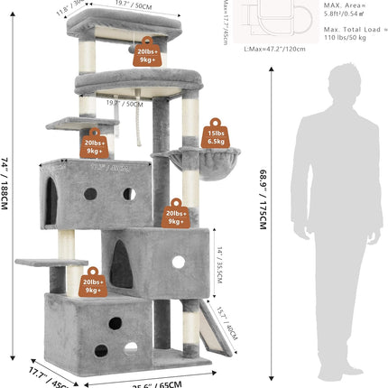 Heybly Cat Tree, 188cm Streamlined Cat Tower for Large Cats with 3-Tier,Light Gray