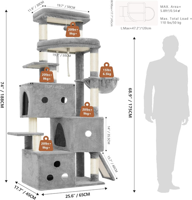 Heybly Cat Tree, 188cm Streamlined Cat Tower for Large Cats with 3-Tier,Light Gray