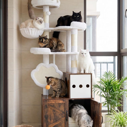 Heybly Cat Tree with Litter Box Enclosure, Modern 162cm Hidden Cat Tower for Indoor Cats, All-in-One Solid Wood Cat Condo with Paw-Shaped Board, Multi-Level Perch & Playzone, Rustic Brown HCT105SR