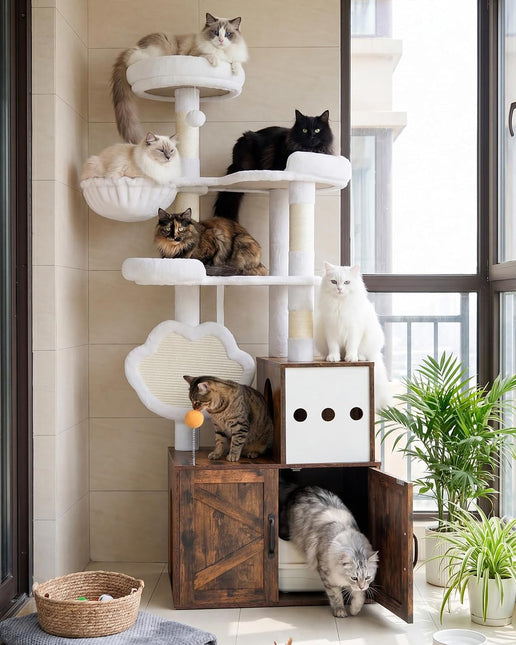 Heybly Cat Tree with Litter Box Enclosure, Modern 162cm Hidden Cat Tower for Indoor Cats, All-in-One Solid Wood Cat Condo with Paw-Shaped Board, Multi-Level Perch & Playzone, Rustic Brown HCT105SR