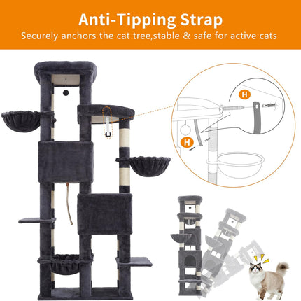 Heybly Cat Tree, 190cm Spacious & Tall Cat Tower for Large Cats, Smoky Gray HCT062G
