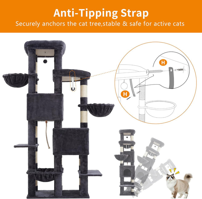 Heybly Cat Tree, 190cm Spacious & Tall Cat Tower for Large Cats, Smoky Gray HCT062G