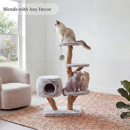 LEO &LEXI Modern Cat Tree Tower with Cave for Indoor Cats, Real Wood Cat Scratching Post with Bed, Solid Wooden Climbing Tower, Aesthetic, Luxury Pet Furniture
