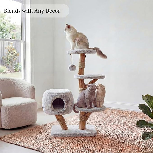 LEO &LEXI Modern Cat Tree Tower with Cave for Indoor Cats, Real Wood Cat Scratching Post with Bed, Solid Wooden Climbing Tower, Aesthetic, Luxury Pet Furniture