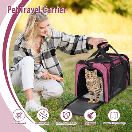 Large Cat Carrier Airline Approved, Soft-Sided Pet Travel Bag with Breathable Mesh, Foldable Dog Carrier for Cats and Small Dogs, Grey, 45x30x30cm (Pink)
