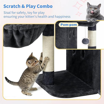 Heybly 26.3" Cat Tree for Large Cats with Big Perch & Dual Condos HCT204SG | 26.3-inch Spacious Cat Tower with Scratching Posts, Stair-Style Cat House Furniture with Cozy Basket & Pompom, Smoky Gray