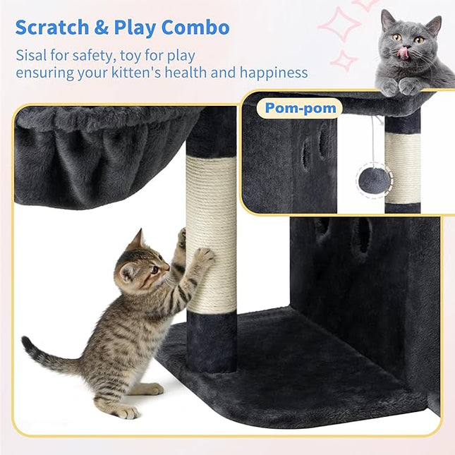 Heybly 26.3" Cat Tree for Large Cats with Big Perch & Dual Condos HCT204SG | 26.3-inch Spacious Cat Tower with Scratching Posts, Stair-Style Cat House Furniture with Cozy Basket & Pompom, Smoky Gray